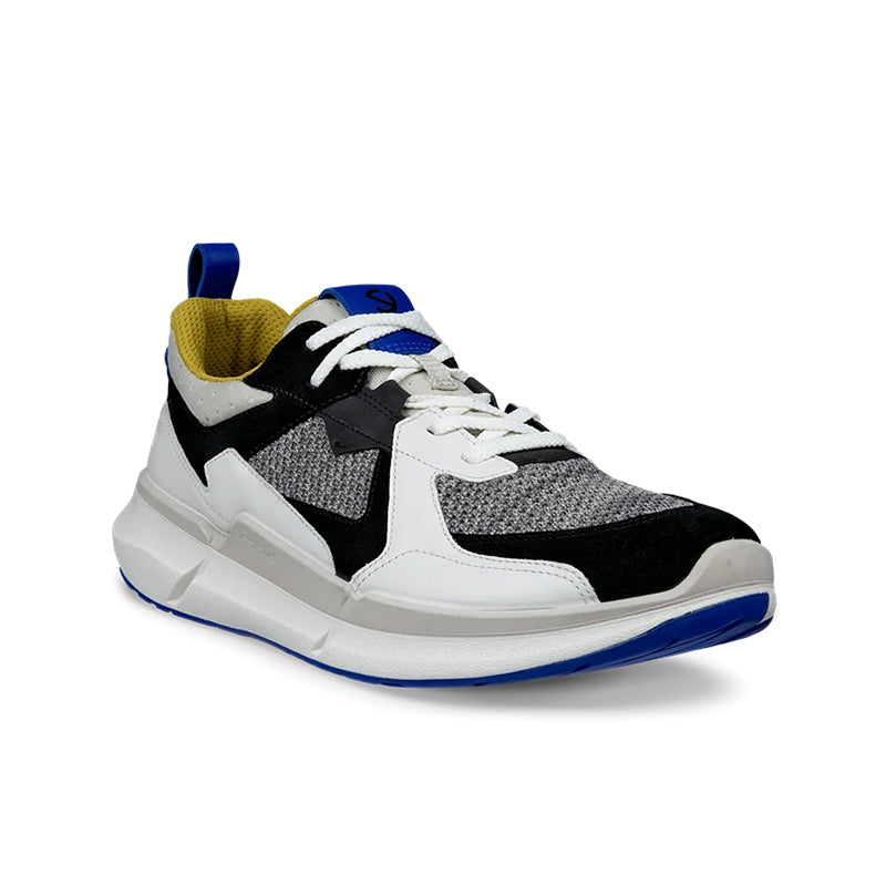 Men's ECCO suede sneakers with white, black and gray panels, blue laces and outsole