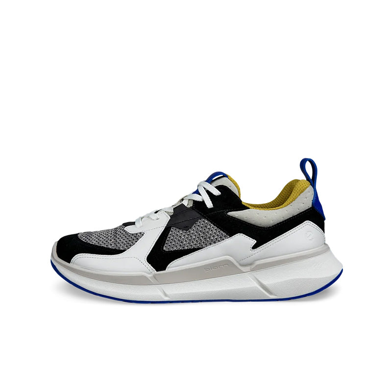 Men's ECCO suede sneakers with white, black and gray panels, blue laces, chunky sole