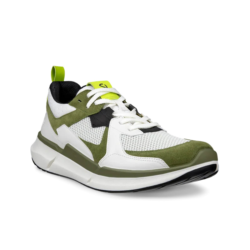 Men's ECCO suede sneakers in white and olive green with neon green accents and laces