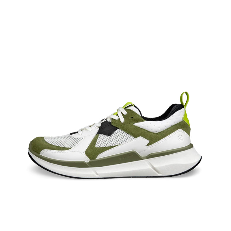 Men's ECCO suede sneakers with white and olive green panels, neon green lace accents