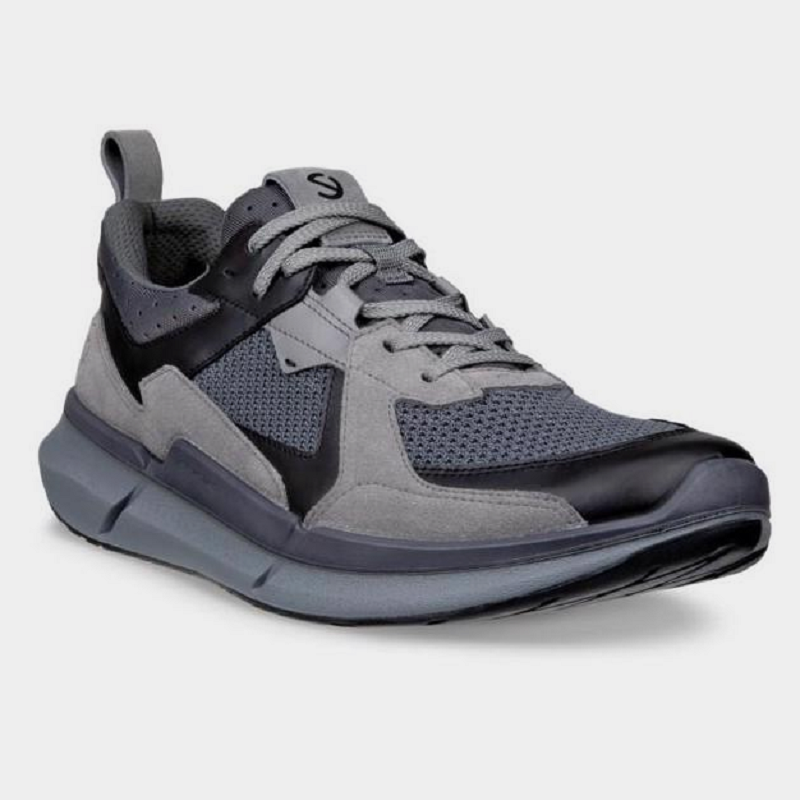 Men's ECCO suede sneakers with gray uppers, dark accents, light gray laces and thick sole