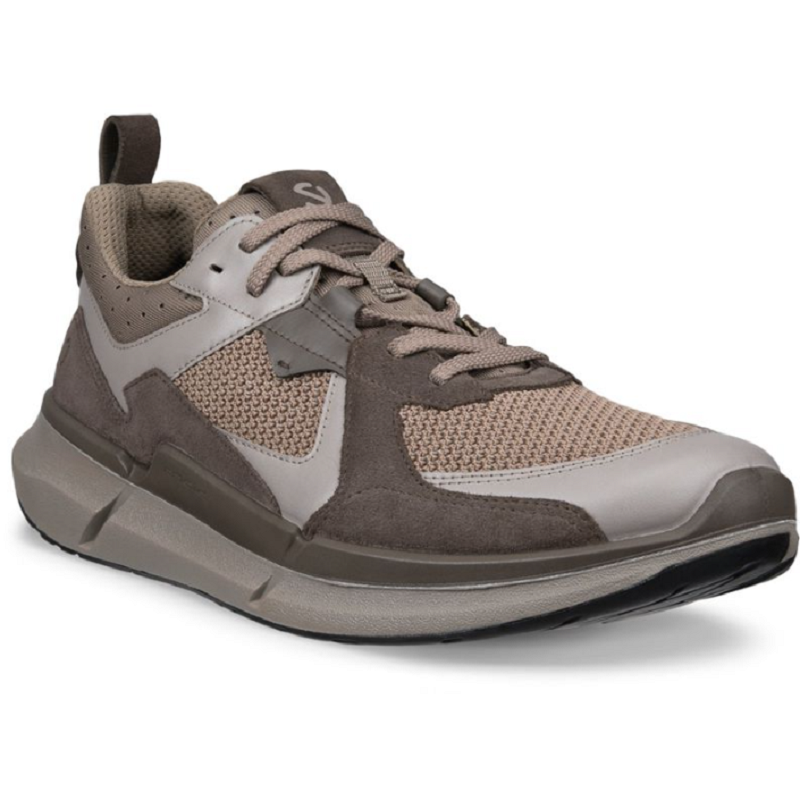 Men's ECCO suede sneakers in taupe and brown with textured panels, brown laces