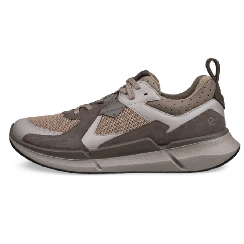 Men's ECCO suede sneakers in beige, gray and brown with perforated panels, brown laces