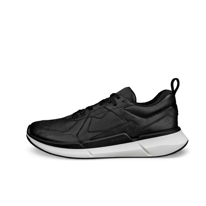 Men's black leather low-top sneakers with lace-up closure and white midsole