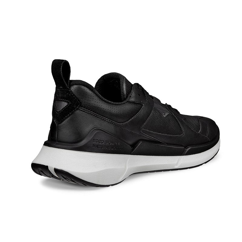 Men's black leather sneakers rear view with lace-up design and white outsole