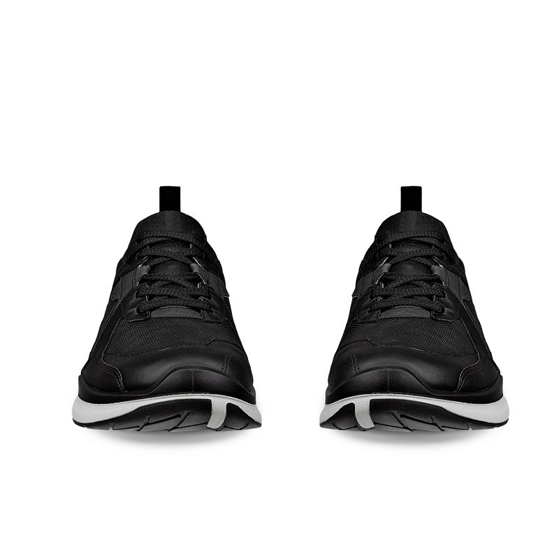 Men's black sneakers pair front view with lace-up closure and white soles