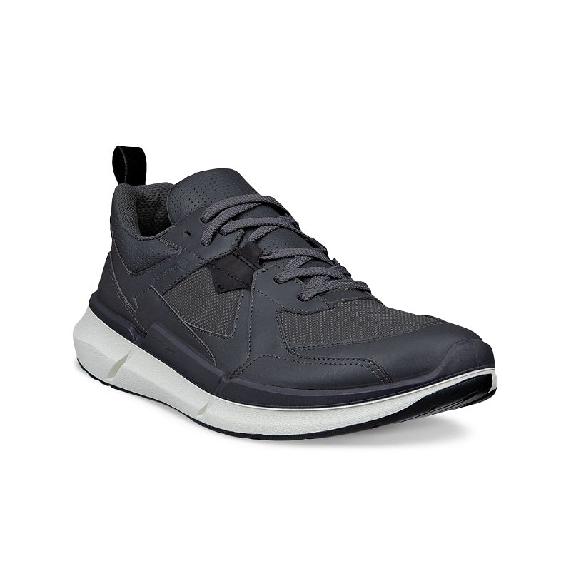 Men's grey leather lace-up sneakers with white midsole and textured outsole