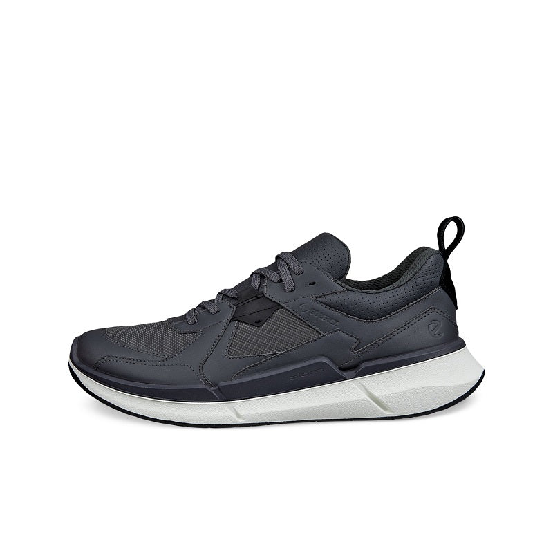 Men's grey leather low-top sneakers with lace-up closure and white midsole