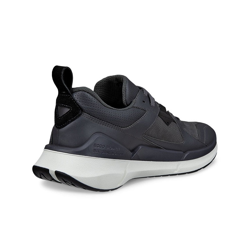 Men's grey leather sneakers rear view with lace-up design and white outsole