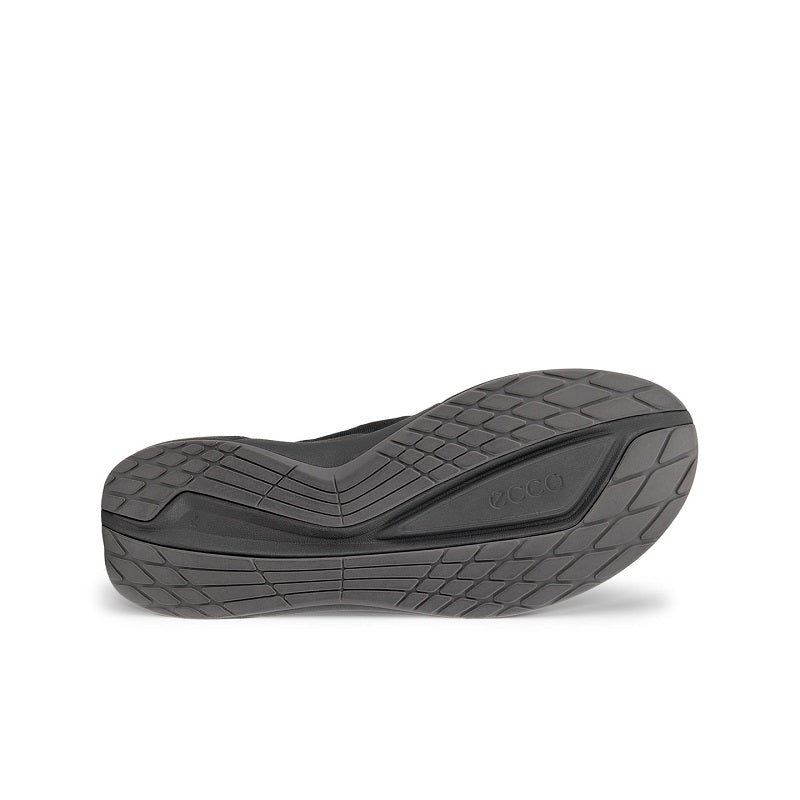Men’s sneaker outsole in dark gray with tread pattern and central ECCO logo