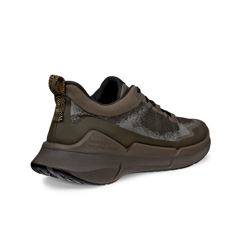 Men’s textile sneakers in olive-brown, rear view with padded collar and pull tab