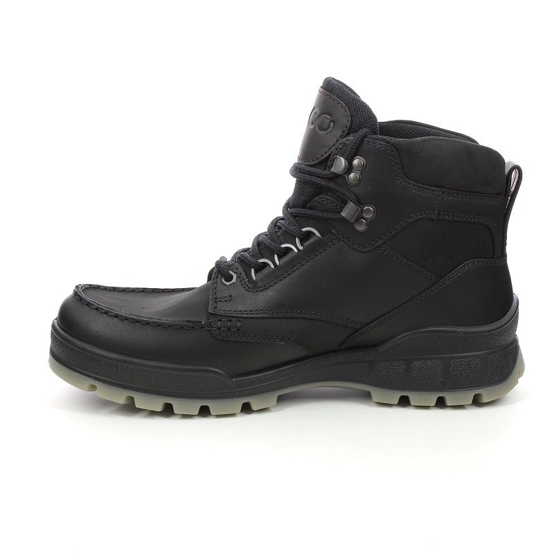 Men's mid-top leather boots, black with lace-up, side panel stitching