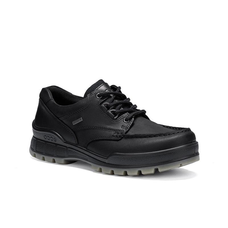 Black leather men's lace-up sneakers with padded collar and treaded outsole