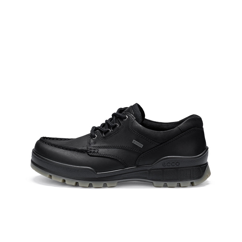 Black leather men's lace-up sneaker with logo patch and chunky tread outsole