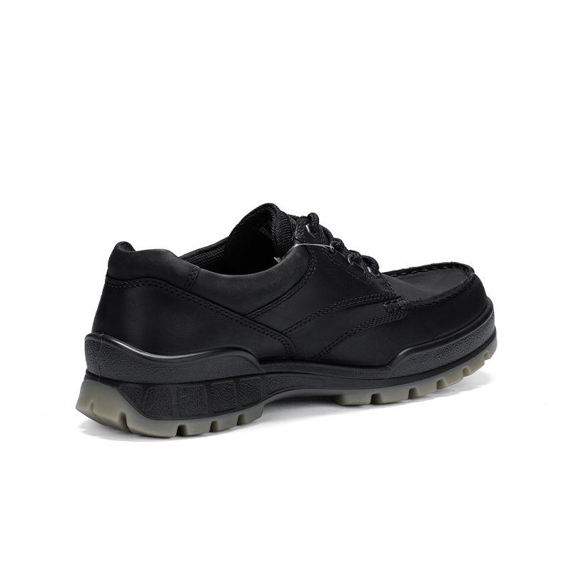 Black leather men's lace-up sneaker with rear heel tab and chunky tread outsole
