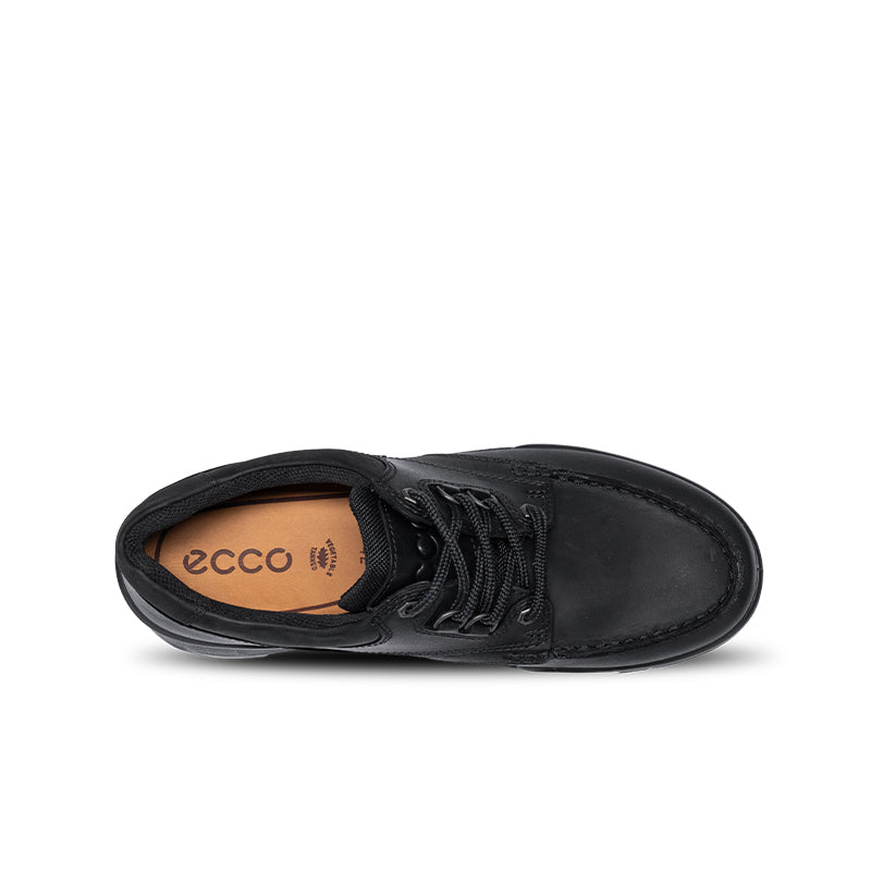 Black leather men's lace-up sneaker with padded tongue and ECCO logo on insole