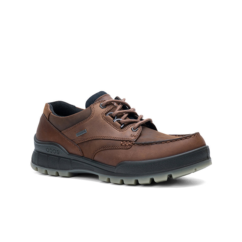 Brown leather men's lace-up sneakers with padded collar and treaded outsole