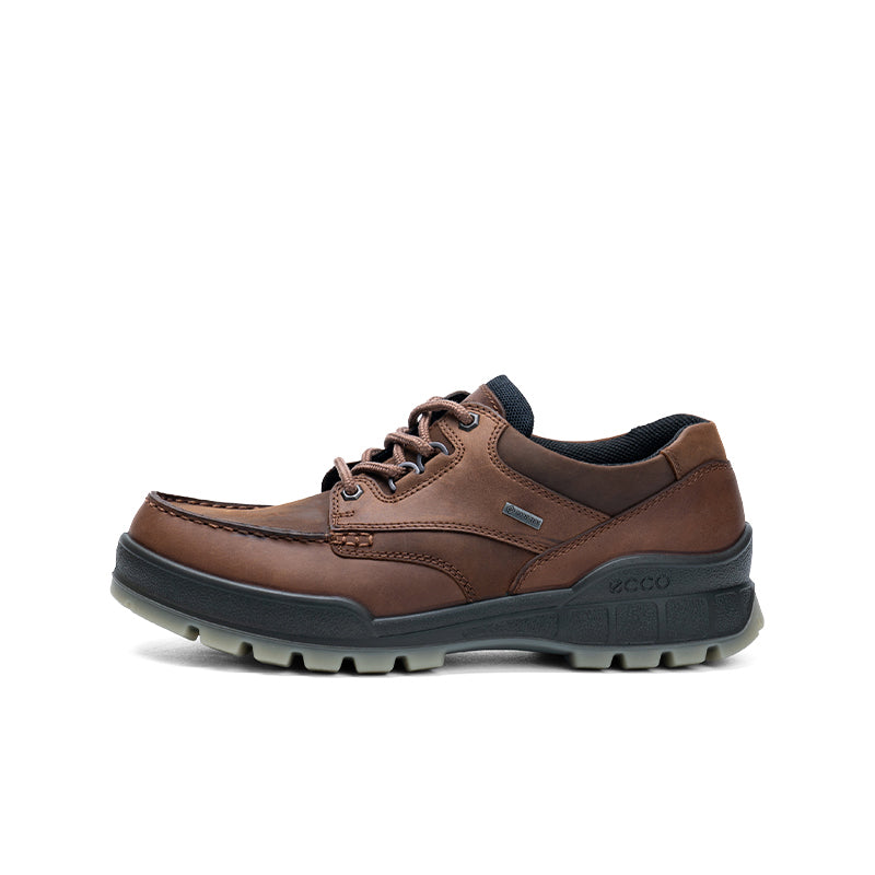 Brown leather men's lace-up sneaker with logo patch and chunky tread outsole