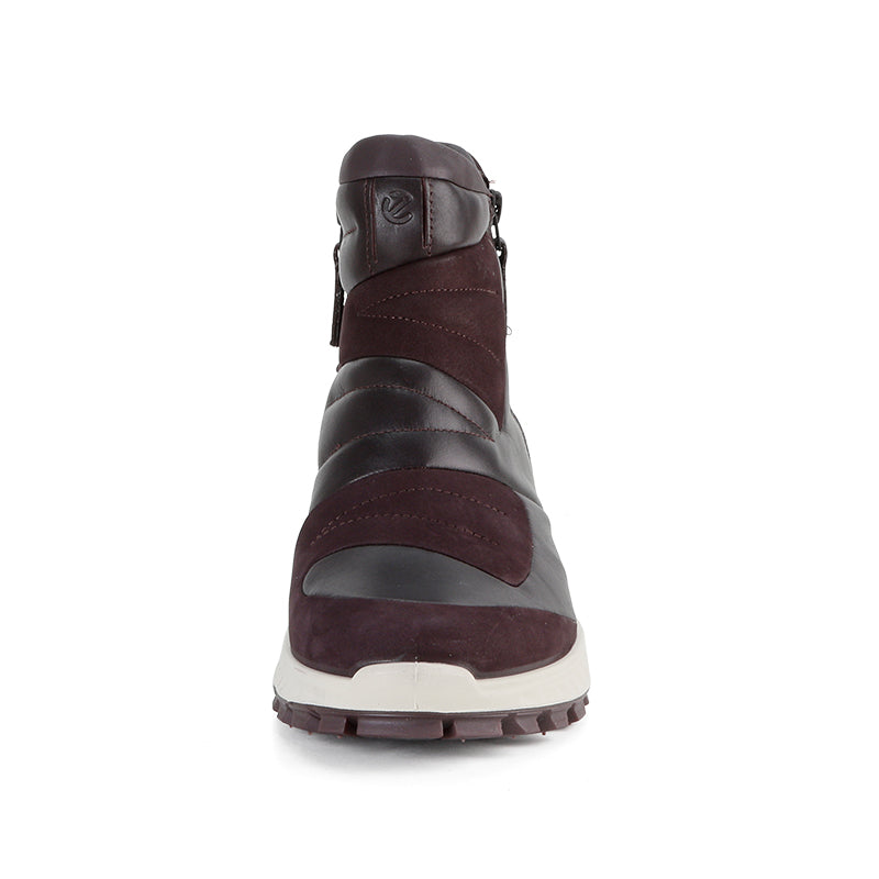Burgundy and dark winter hiking boot with pull tab and side zipper