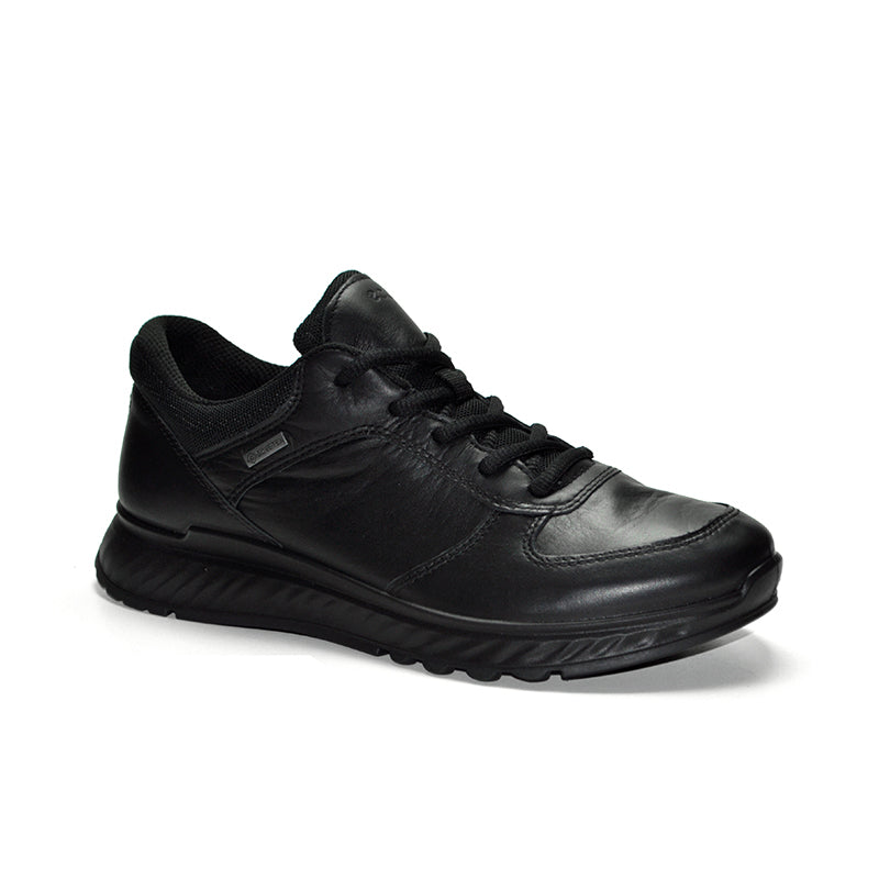 Black leather lace-up sneakers with padded tongue and rubber outsole