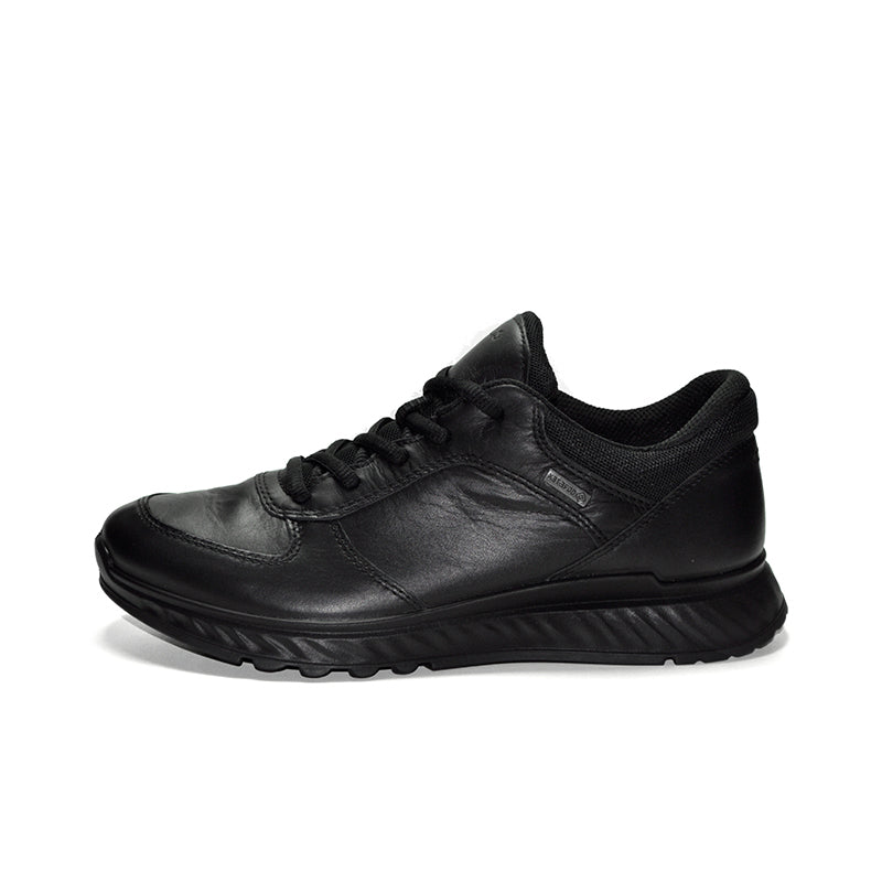 Black leather lace-up sneakers with side logo and cushioned collar