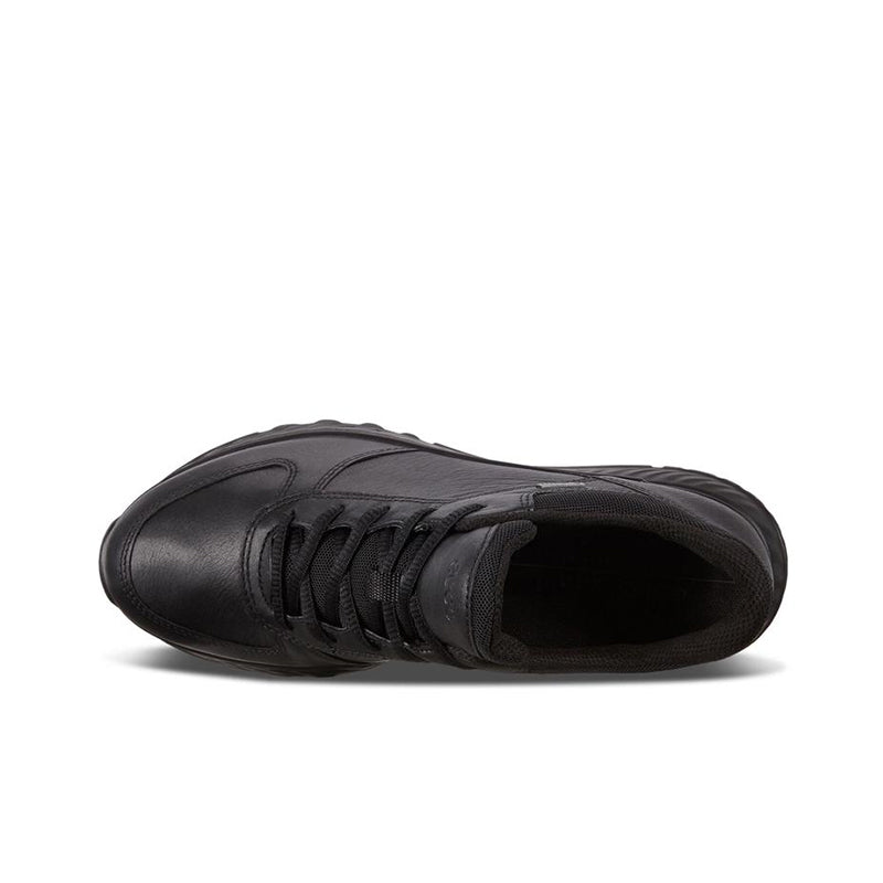 Black leather lace-up sneaker with rounded toe and thick rubber sole