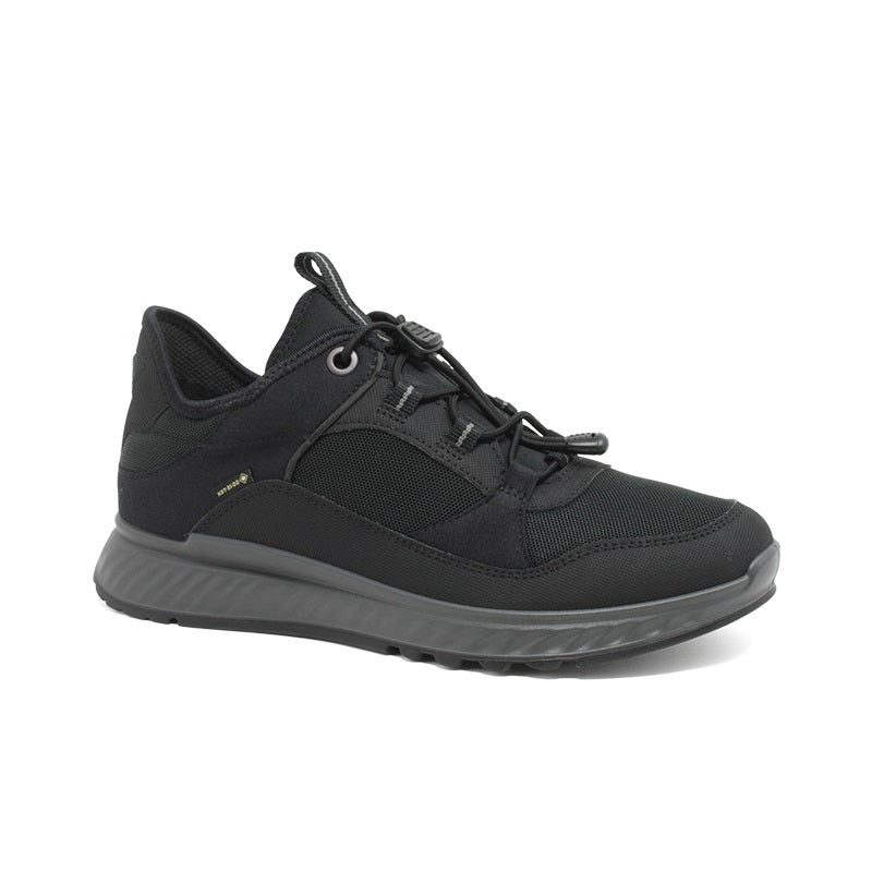 Black textile low-top women's sneaker with lace-up front and cushioned rubber sole