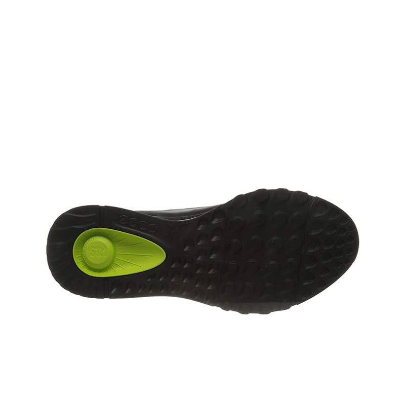 Black sneaker outsole with textured tread and lime-green heel insert