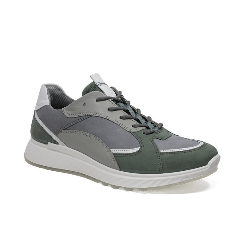 Men's leather sneakers with gray upper, dark green accents, and lace-up front.
