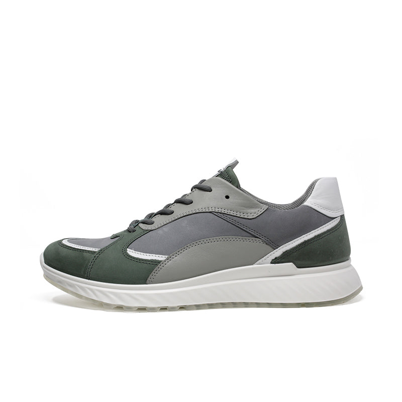 Men's leather sneakers with gray upper, dark green side panel, and white sole trim.