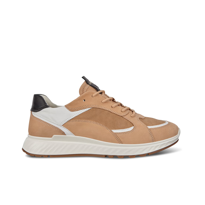 Men's leather sneakers with beige upper, white overlays, and tan laces, lace-up design.