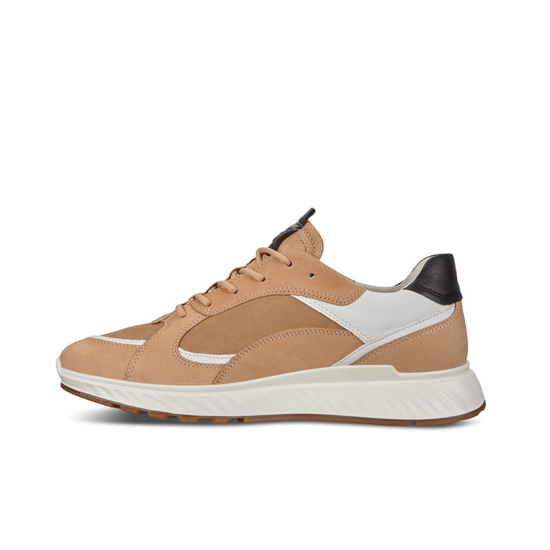 Men's leather sneakers with tan upper, white overlays, and brown laces, lace-up.