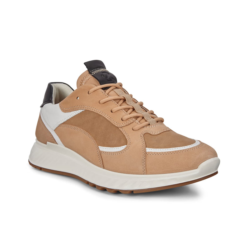 Men's leather sneakers with tan suede upper, white overlays, and lace-up front.