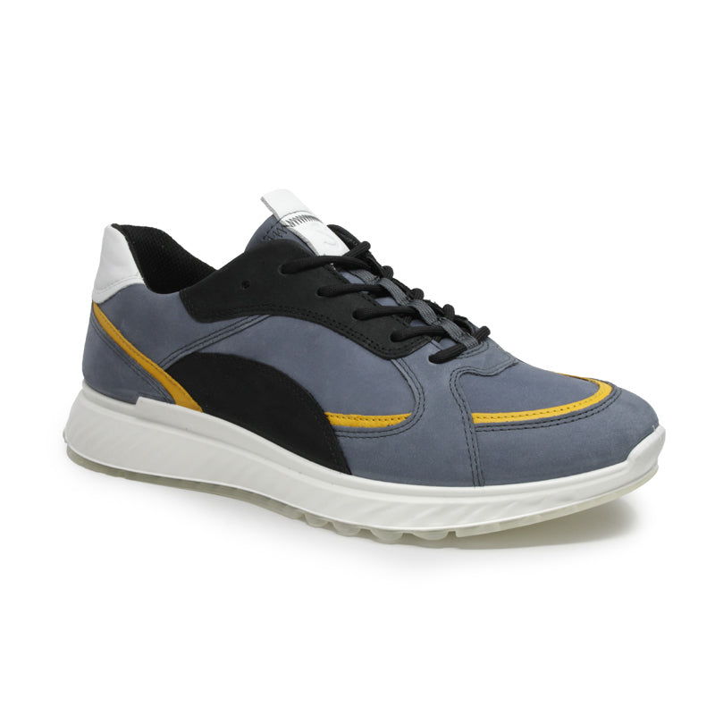 Men's leather sneakers with blue upper, black side panel, and yellow trim, lace-up.