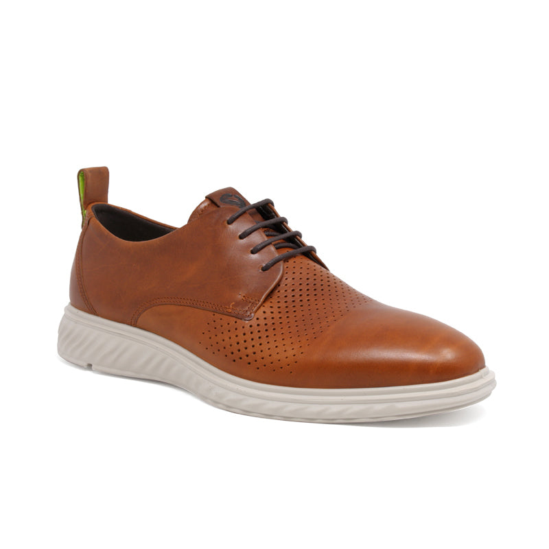 Men's brown leather derby shoes with lace-up, perforated toe and cushioned sole