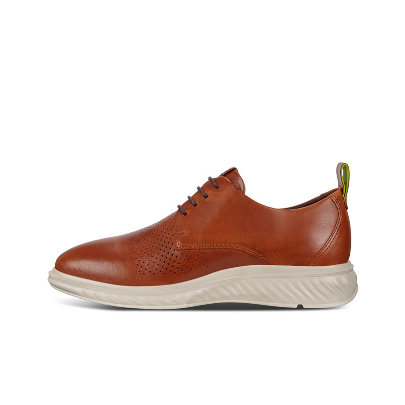 Men's brown leather derby shoes with lace-up and perforated toe, white sole