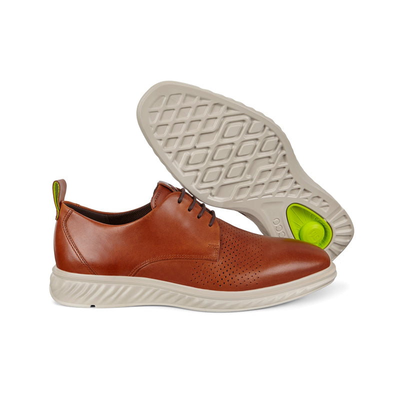 Men's brown leather derby shoes with textured rubber outsole and green heel accent