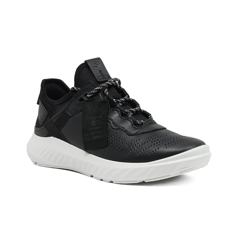 Women’s black leather lace-up sneakers with chunky white sole and side strap detail