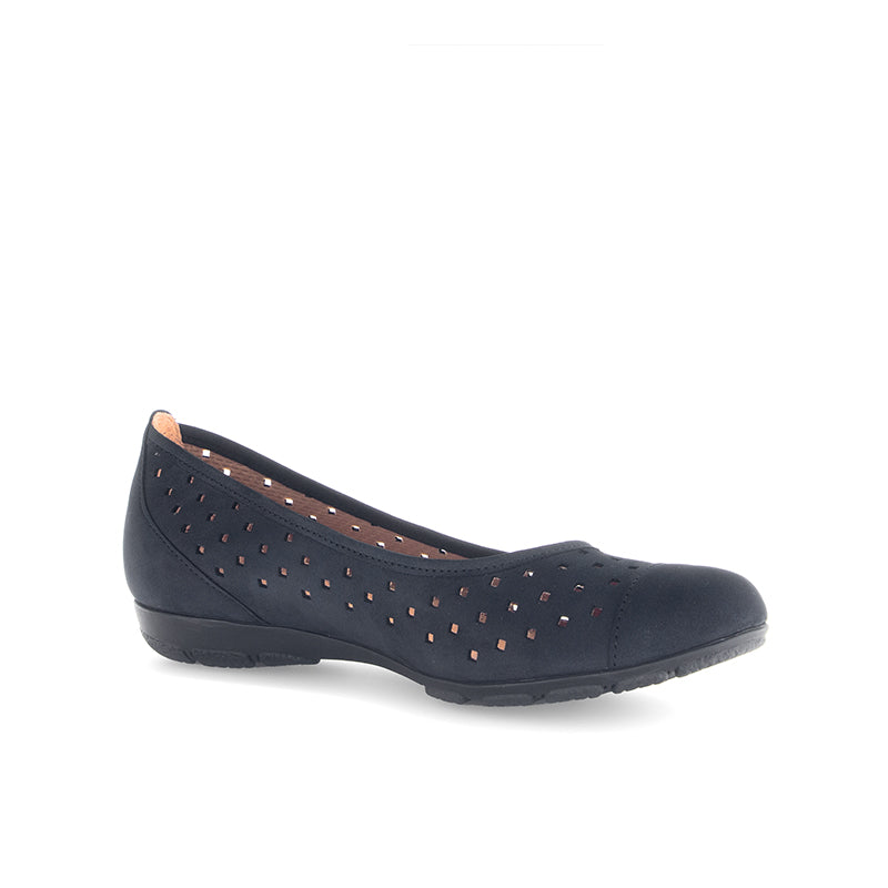 Dark blue women’s flat walking shoe with perforated upper and low wedge sole