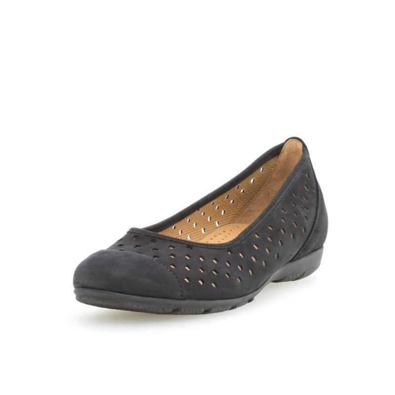 Dark blue flat walking shoe with perforated vamp and tan insole