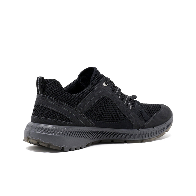 Black women’s sneakers with mesh panels, padded collar, and rugged rubber outsole