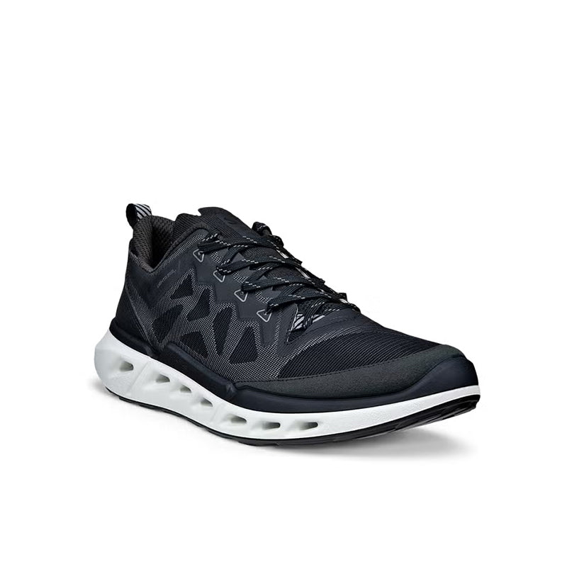 Black lace-up men's sneakers, breathable mesh upper, white cushioned sole