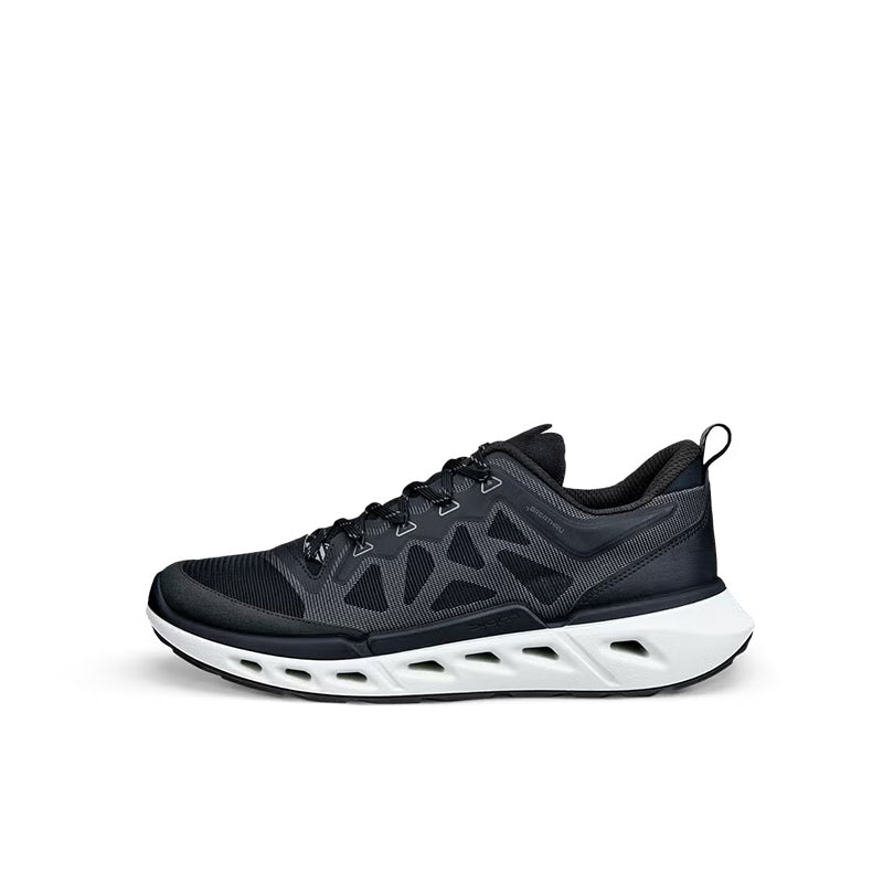 Black lace-up men's sneakers with textured mesh upper and white midsole