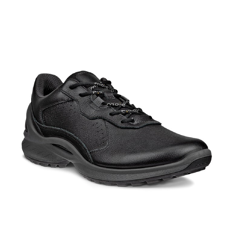 Black leather lace-up womens sneaker with padded collar and chunky rubber sole