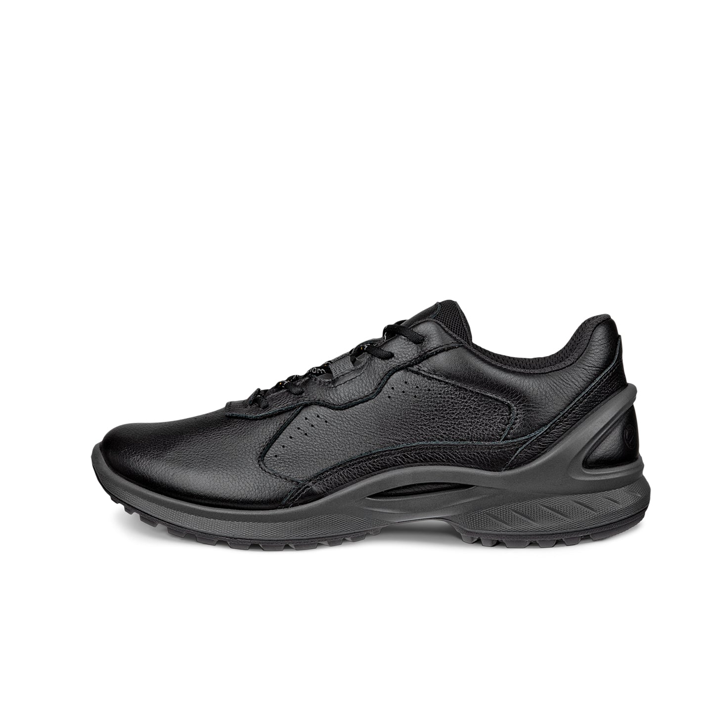 Black leather lace-up womens sneaker, side profile with cushioned midsole