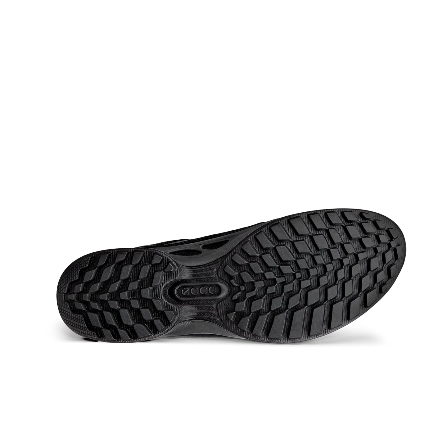 Black sneaker outsole with deep tread and grippy traction pattern