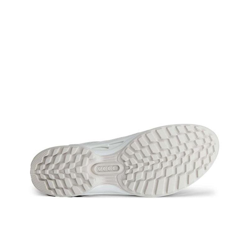 White sneaker outsole with deep tread pattern and traction grooves