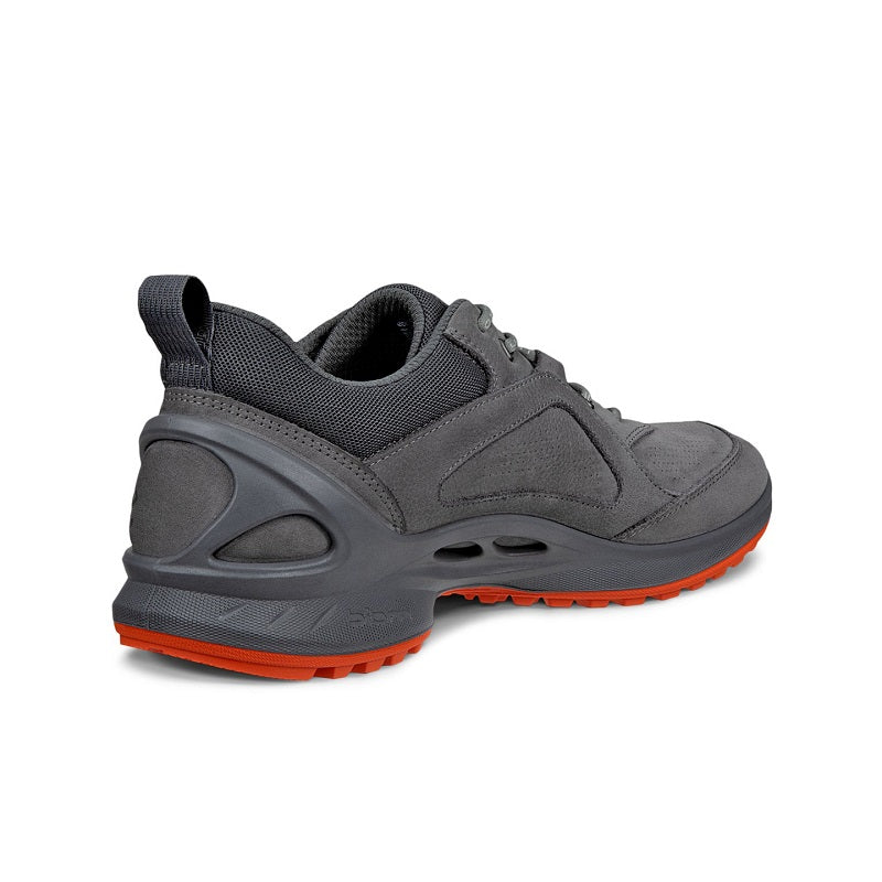 ECCO BIOM ENERGI men's grey sneakers, rear quarter view, lace-up, orange outsole