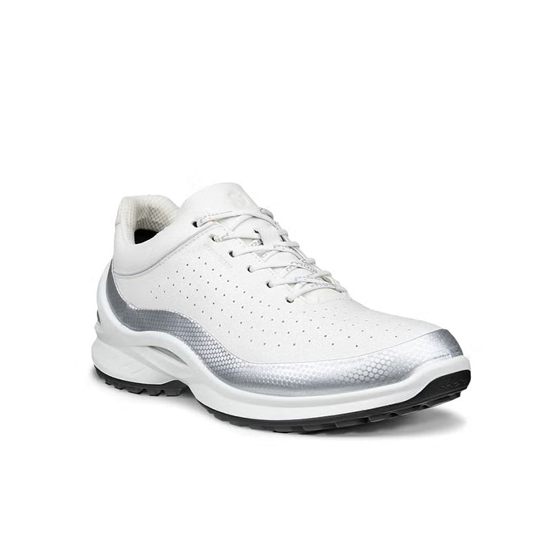 White leather lace-up sneaker with perforated toe and dark rubber outsole