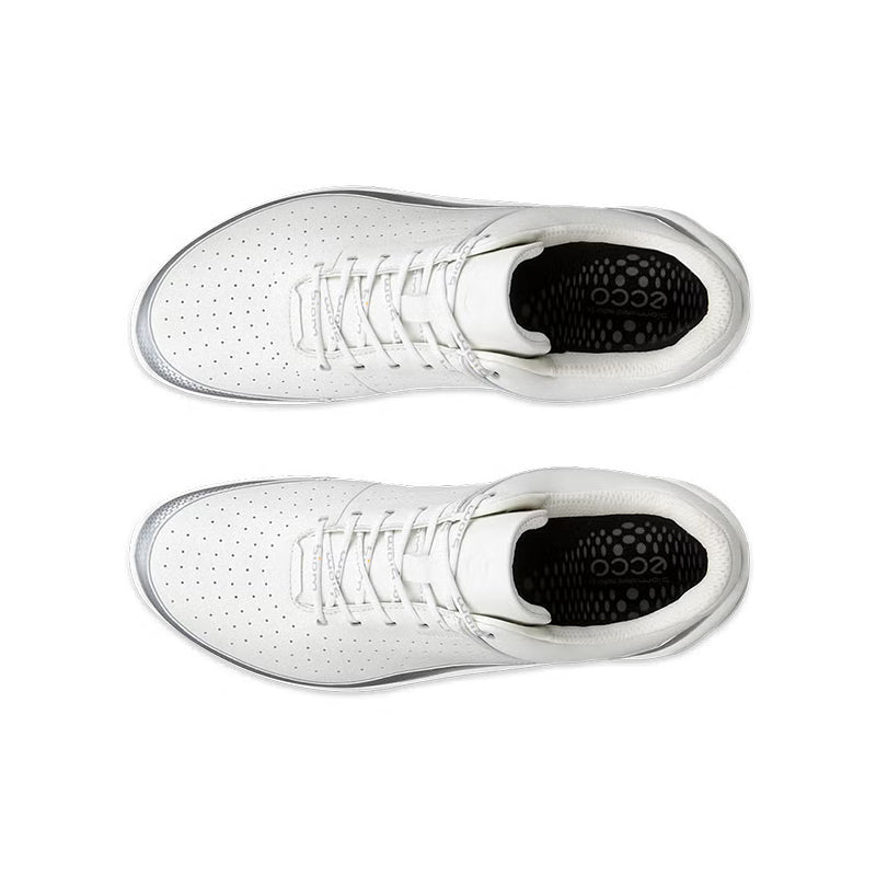 White lace-up sneakers showing perforated toe and black interior lining